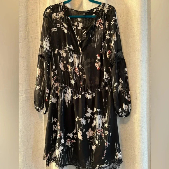 White House Black Market Chiffon Floral Dress, Size 12 sheer top, lined bottom - Picture 1 of 6